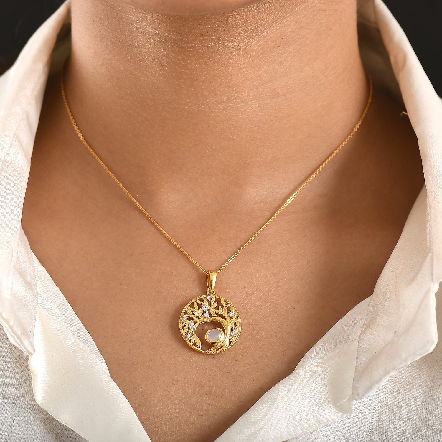 AA Natürlicher, äthiopischer Welo Opal, Weißer Zirkon Anhänger mit Kette, ca. 50 cm 925 Silber Gold, ca. 0.41 ct
