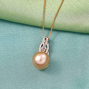 D'Joy AA Goldene Südsee Perle (11-12 mm), Lab Grown Diamant Schmuckset ca. 50 cm 925 Silber 750 Gelbgold vermeil