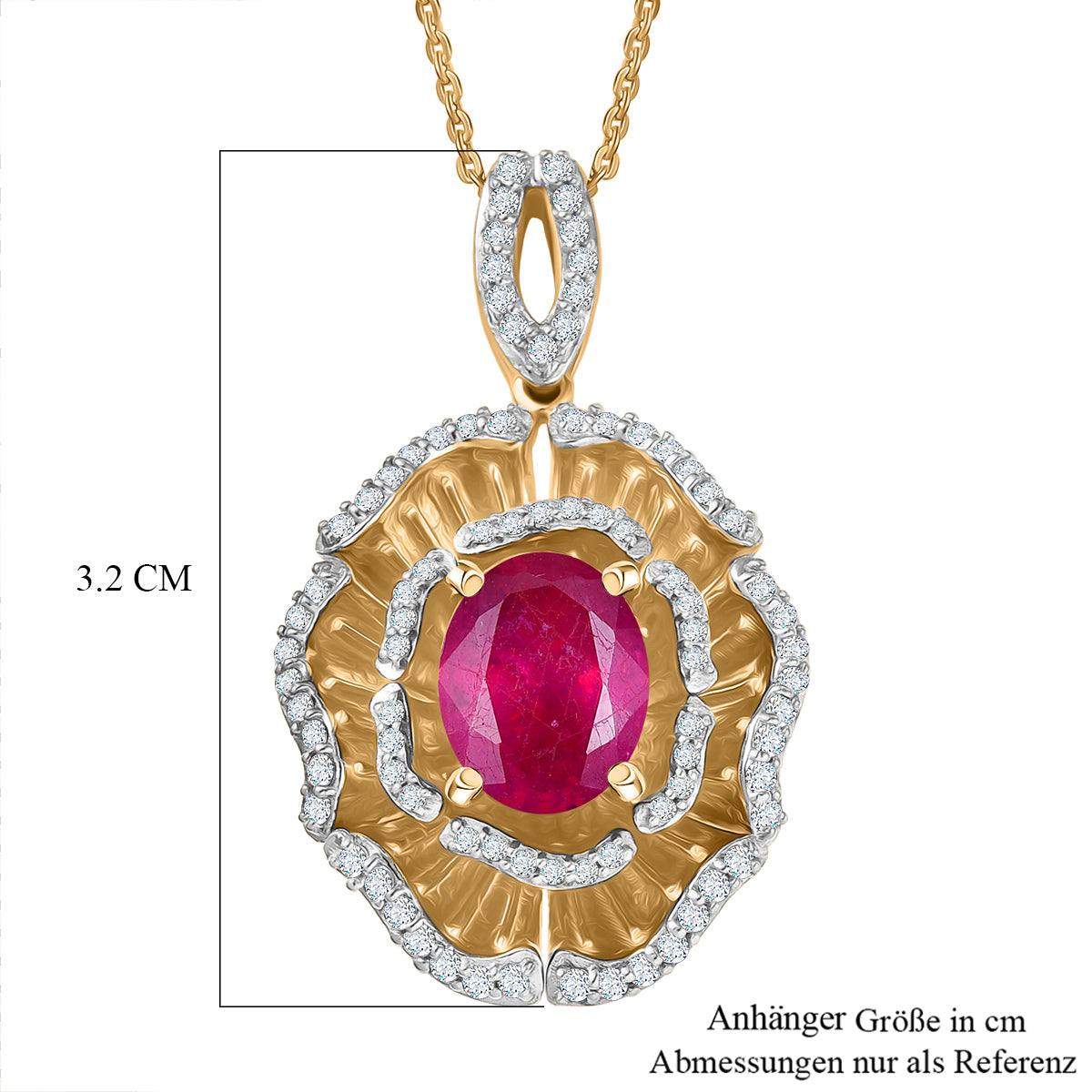 D'Joy - Liebe in Blüte Afrikanischer Rubin (Fissure gefüllt), Weißer Zirkon Anhänger mit Kette, ca. 50 cm 925 Silber 750 Gelbgold Vermeil ca. 3.59 ct