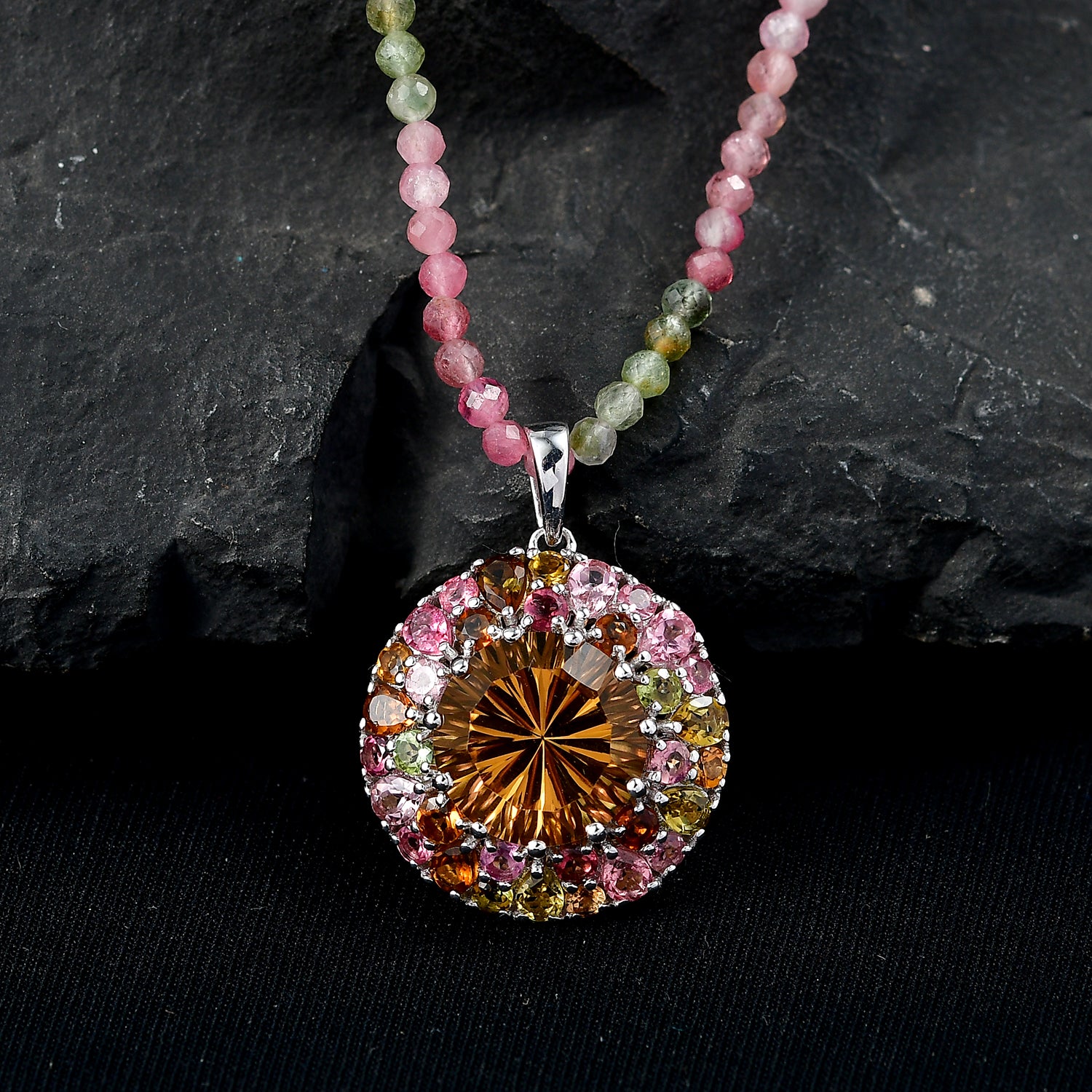 D'Joy AA Citrin, Mehrfarbig-Turmalin Schmuckset ca. 50 cm 925 Silber Rhodiniert ca. 39,24 ct.