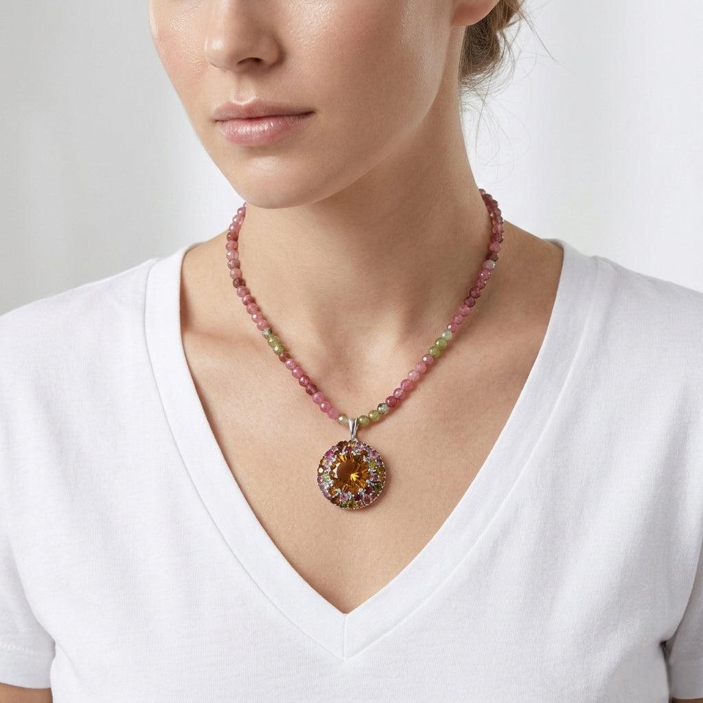D'Joy AA Citrin, Mehrfarbig-Turmalin Schmuckset ca. 50 cm 925 Silber Rhodiniert ca. 39,24 ct.