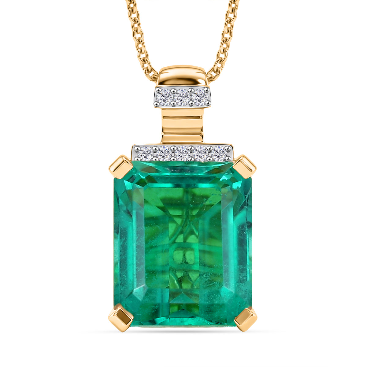 D'Joy Smaragd-Quarz Triplette, Weißer Zirkon Schmuckset ca. 50 cm 925 Silber 750 Gelbgold Vermeil ca. 7,21 ct.