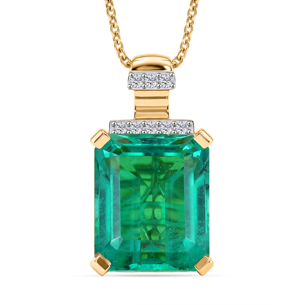D'Joy Smaragd-Quarz Triplette, Weißer Zirkon Schmuckset ca. 50 cm 925 Silber 750 Gelbgold Vermeil ca. 7,21 ct.