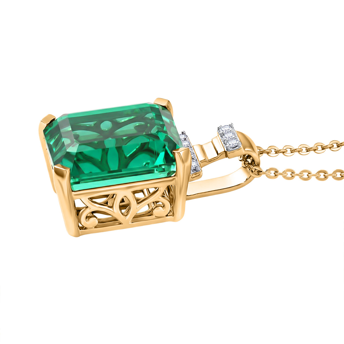 D'Joy Smaragd-Quarz Triplette, Weißer Zirkon Schmuckset ca. 50 cm 925 Silber 750 Gelbgold Vermeil ca. 7,21 ct.