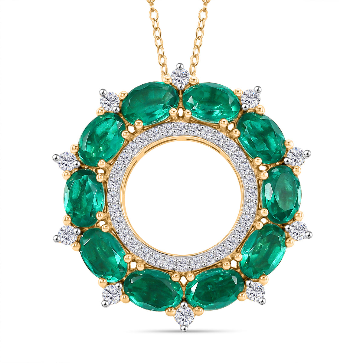 D'Joy Smaragd-Quarz Triplette, Weißer Zirkon Schmuckset ca. 50 cm 925 Silber 750 Gelb Vergoldet ca. 6,53 ct.