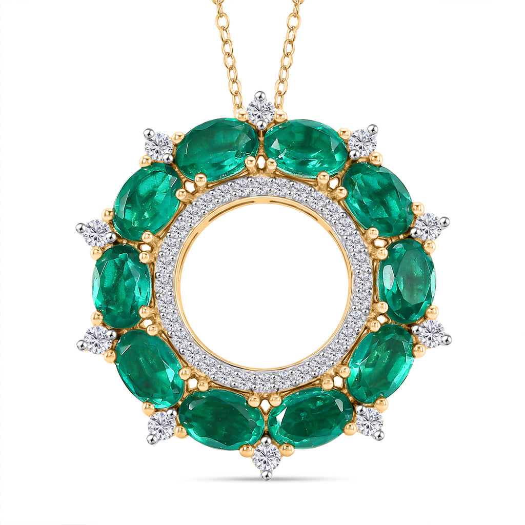 D'Joy Smaragd-Quarz Triplette, Weißer Zirkon Schmuckset ca. 50 cm 925 Silber 750 Gelb Vergoldet ca. 6,53 ct.