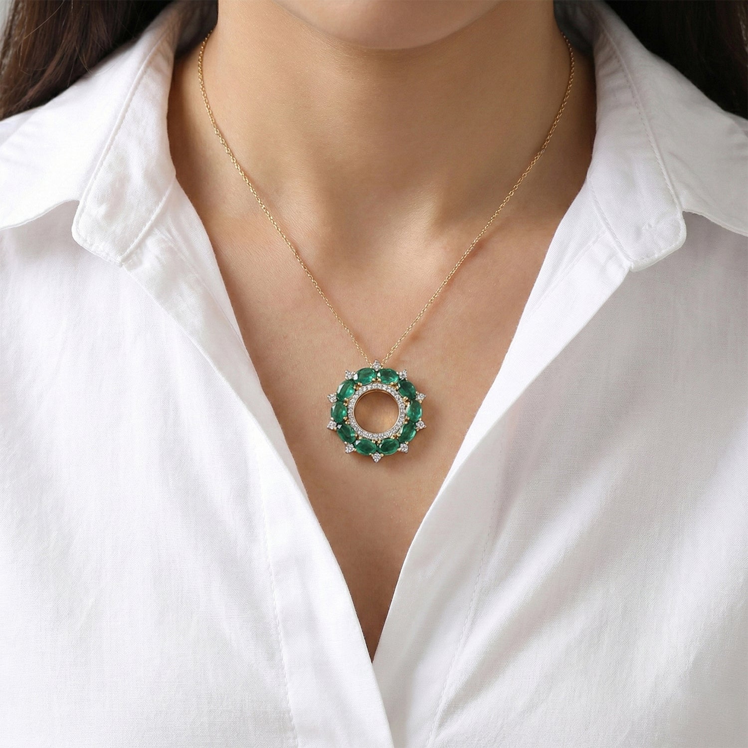 D'Joy Smaragd-Quarz Triplette, Weißer Zirkon Schmuckset ca. 50 cm 925 Silber 750 Gelb Vergoldet ca. 6,53 ct.