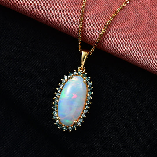LUXURIANT - AAA Natürlicher, äthiopischer Welo Opal, Lab Grown Grüner Diamant Schmuckset ca. 50 cm 925 Silber 750 Gelbgold vermeil ca. 3.83 ct