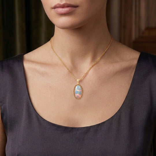 LUXURIANT - AAA Natürlicher, äthiopischer Welo Opal, Lab Grown Roter Diamant Schmuckset ca. 50 cm 925 Silber 750 Gelbgold vermeil ca. 3.98 ct