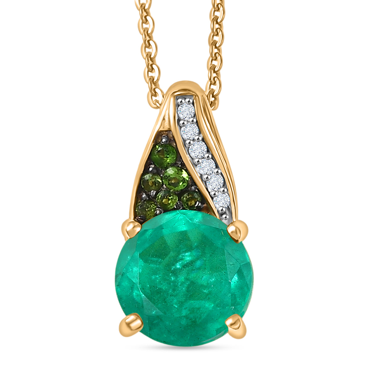 D'Joy Smaragd-Quarz Triplette, Natürlicher Chromdiopsid Schmuckset ca. 50 cm 925 Silber 750 Gelbgold Vermeil ca. 2,46 ct.
