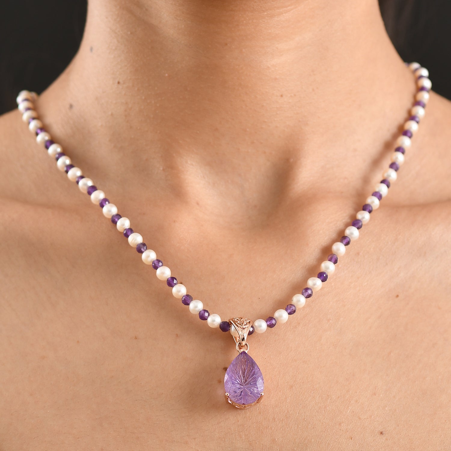 D'Joy AA Rose De France Amethyst, Perle Schmuckset ca. 50 cm 925 Silber 750 Roségold Vermeil