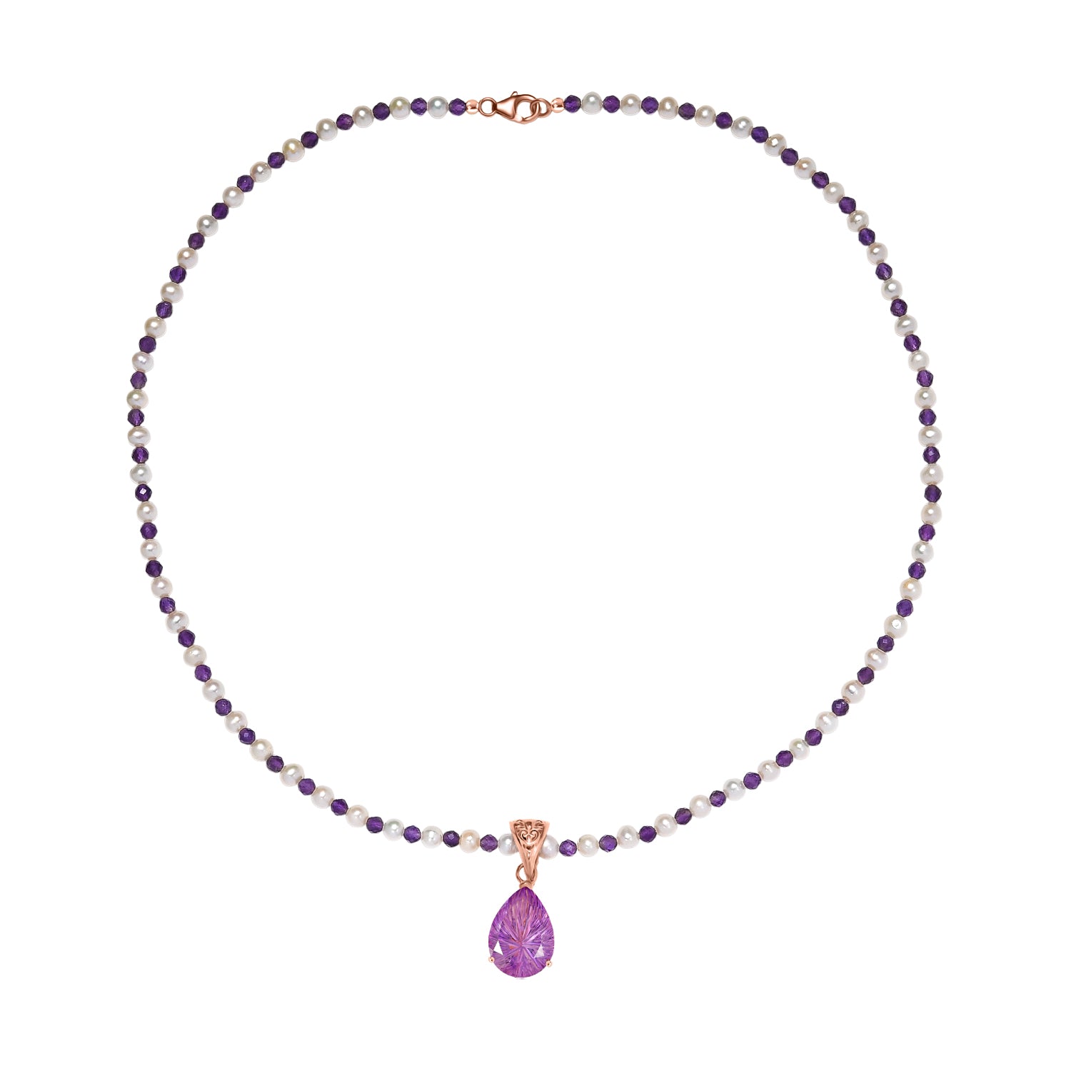 D'Joy AA Rose De France Amethyst, Perle Schmuckset ca. 50 cm 925 Silber 750 Roségold Vermeil