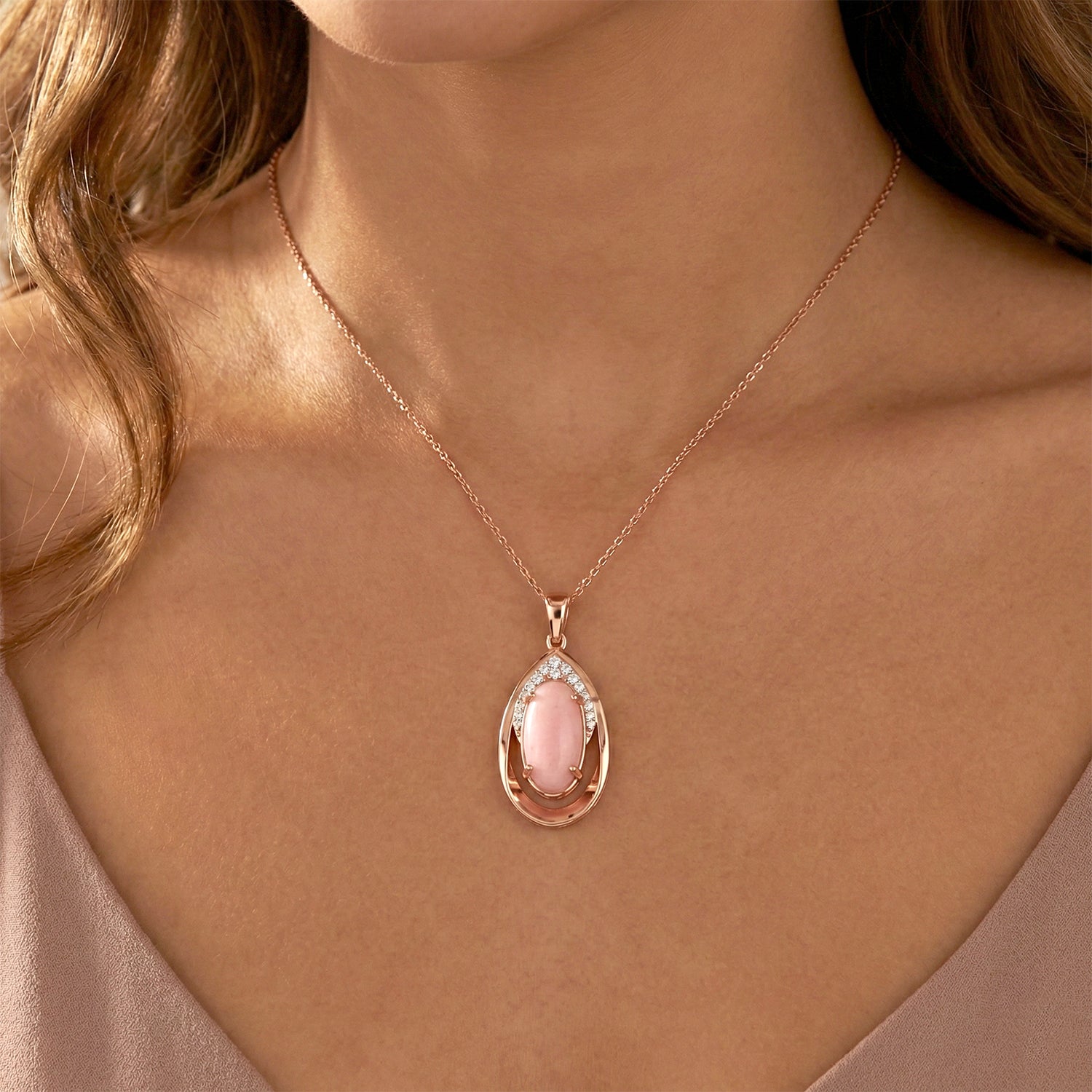 D'Joy AA Rosa Opal, Weißer Zirkon Anhänger mit Kette, ca. 50 cm 925 Silber 750 Roségold Vermeil ca. 4.25 ct
