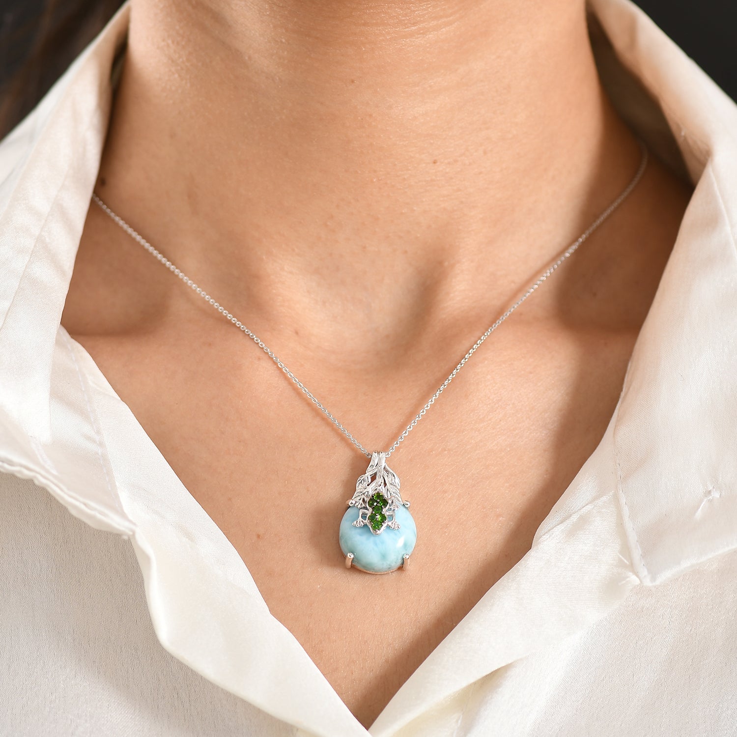 GP - Larimar, Natürlicher Chromdiopsid Schmuckset ca. 50 cm 925 Silber rhodiniert ca. 15,43 ct.