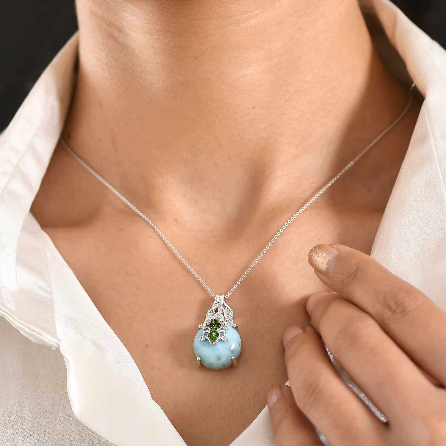 GP - Larimar, Natürlicher Chromdiopsid Schmuckset ca. 50 cm 925 Silber rhodiniert ca. 15,43 ct.