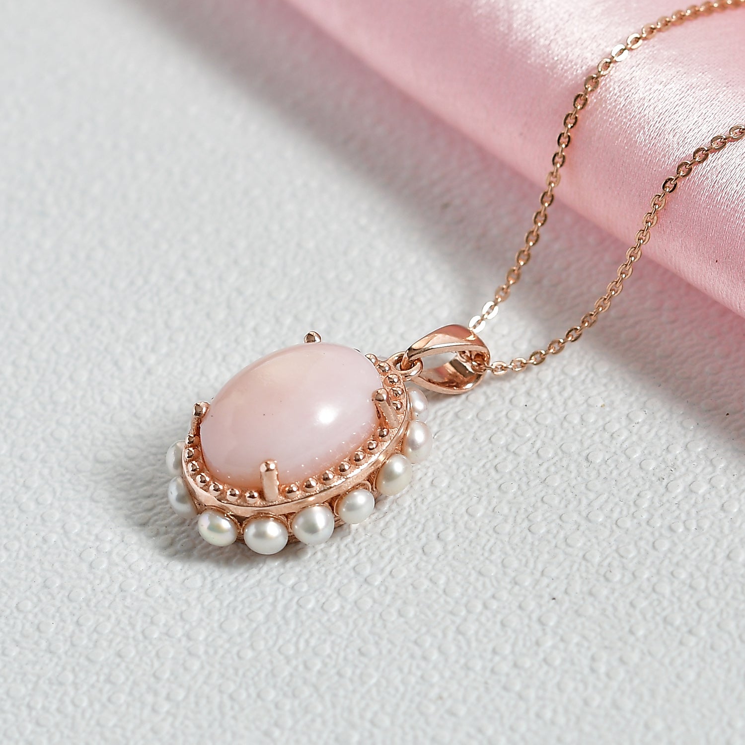 D'Joy AA Rosa Opal, Süßwasser Perle (3mm) Anhänger mit Kette, ca. 50 cm 925 Silber 750 Roségold Vermeil