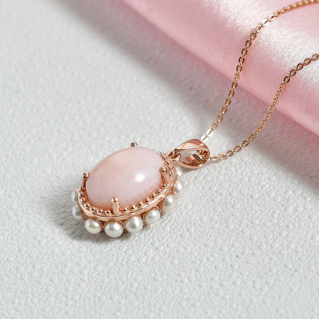 D'Joy AA Rosa Opal, Süßwasser Perle (3mm) Anhänger mit Kette, ca. 50 cm 925 Silber 750 Roségold Vermeil