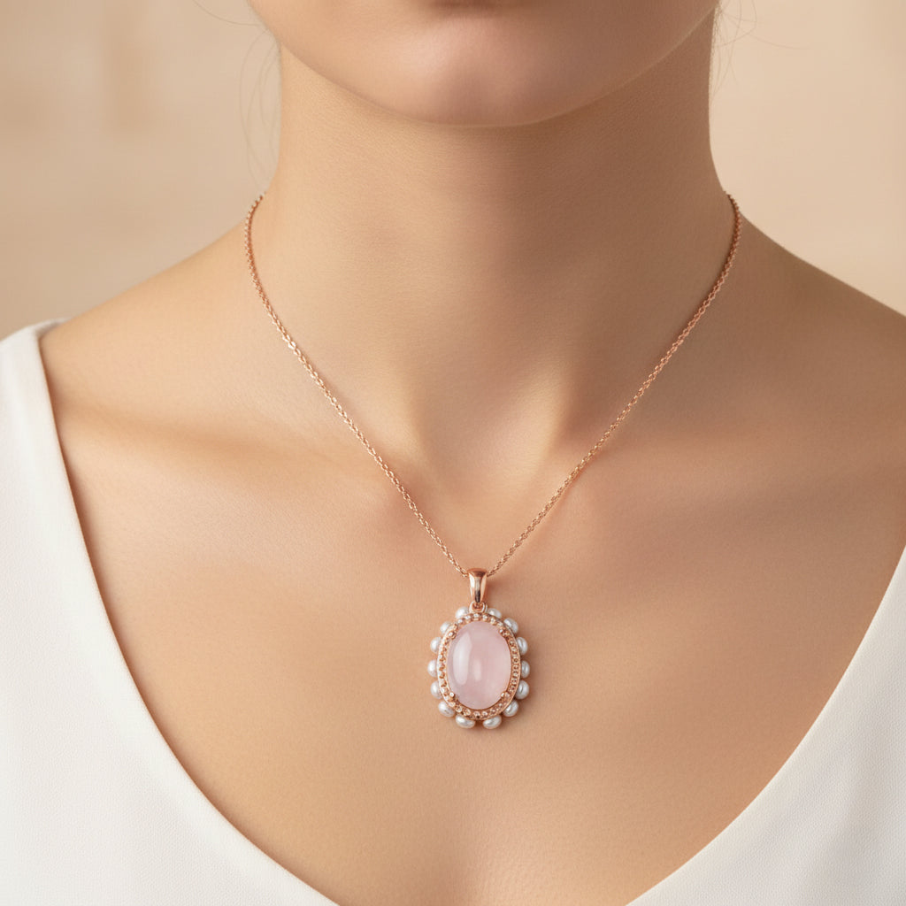 D'Joy AA Rosa Opal, Süßwasser Perle (3mm) Anhänger mit Kette, ca. 50 cm 925 Silber 750 Roségold Vermeil