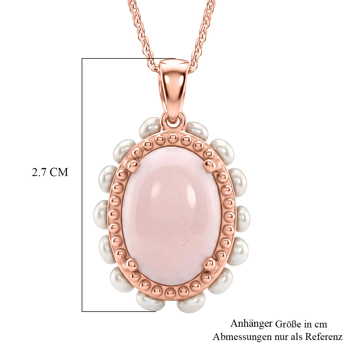 D'Joy AA Rosa Opal, Süßwasser Perle (3mm) Anhänger mit Kette, ca. 50 cm 925 Silber 750 Roségold Vermeil