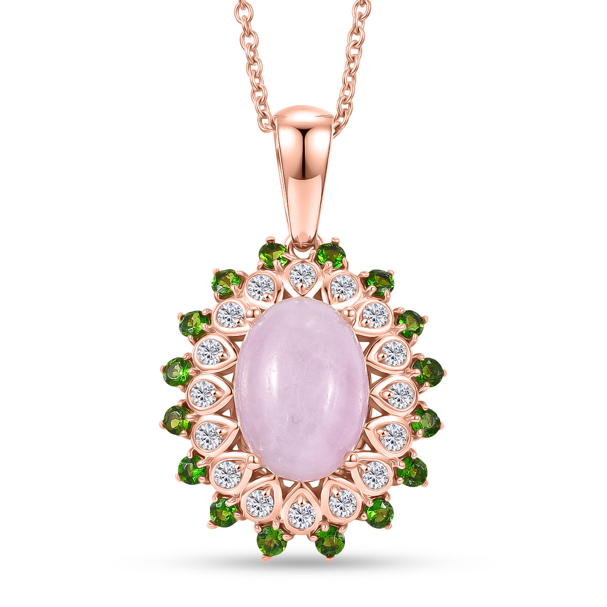 EVER TRUE Kunzit, Natürlicher Chromdiopsid Anhänger, Roségoldfarben nickelfreies Messing, 316L Edelstahlkette 50 cm ca. 8.02 ct