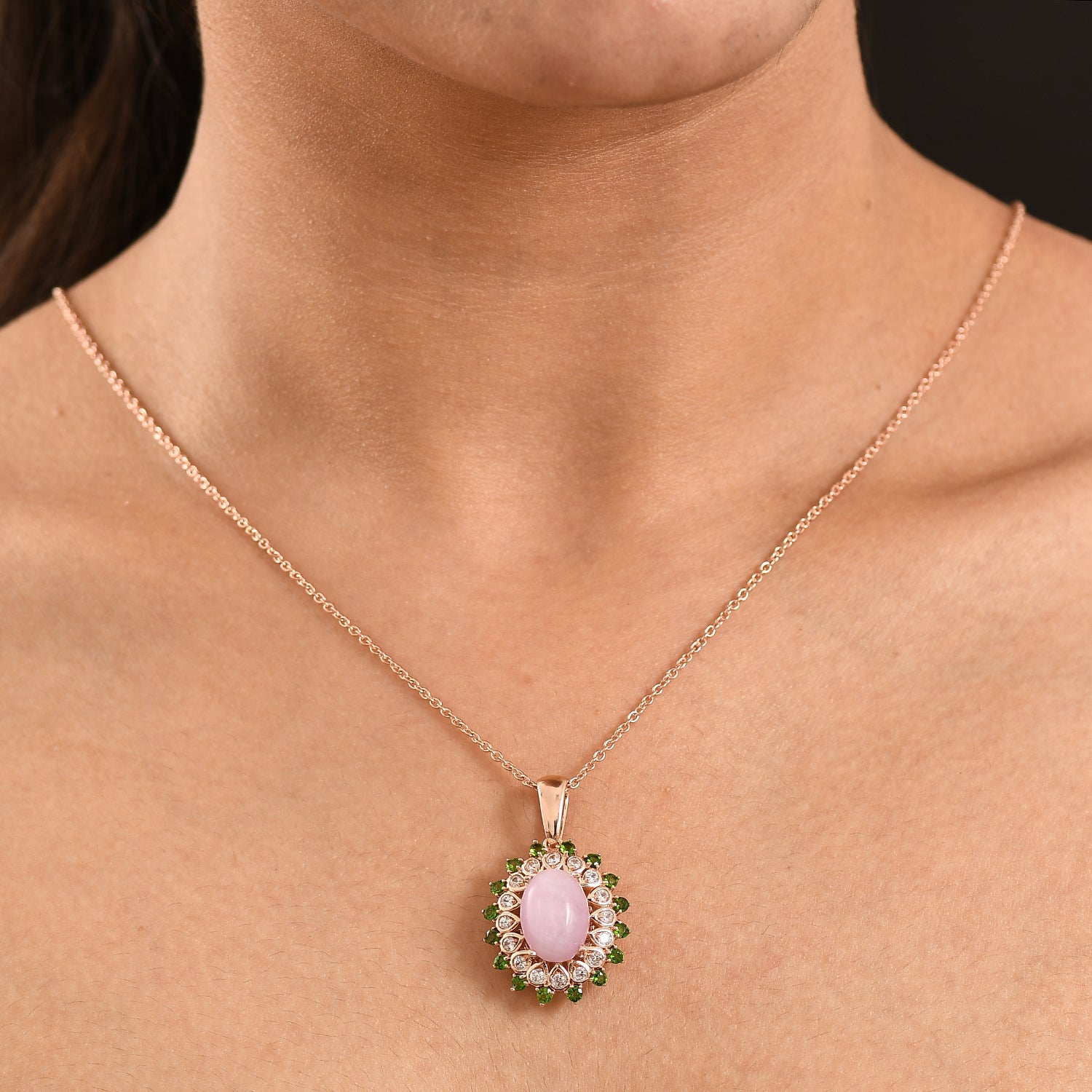 EVER TRUE Kunzit, Natürlicher Chromdiopsid Anhänger, Roségoldfarben nickelfreies Messing, 316L Edelstahlkette 50 cm ca. 8.02 ct