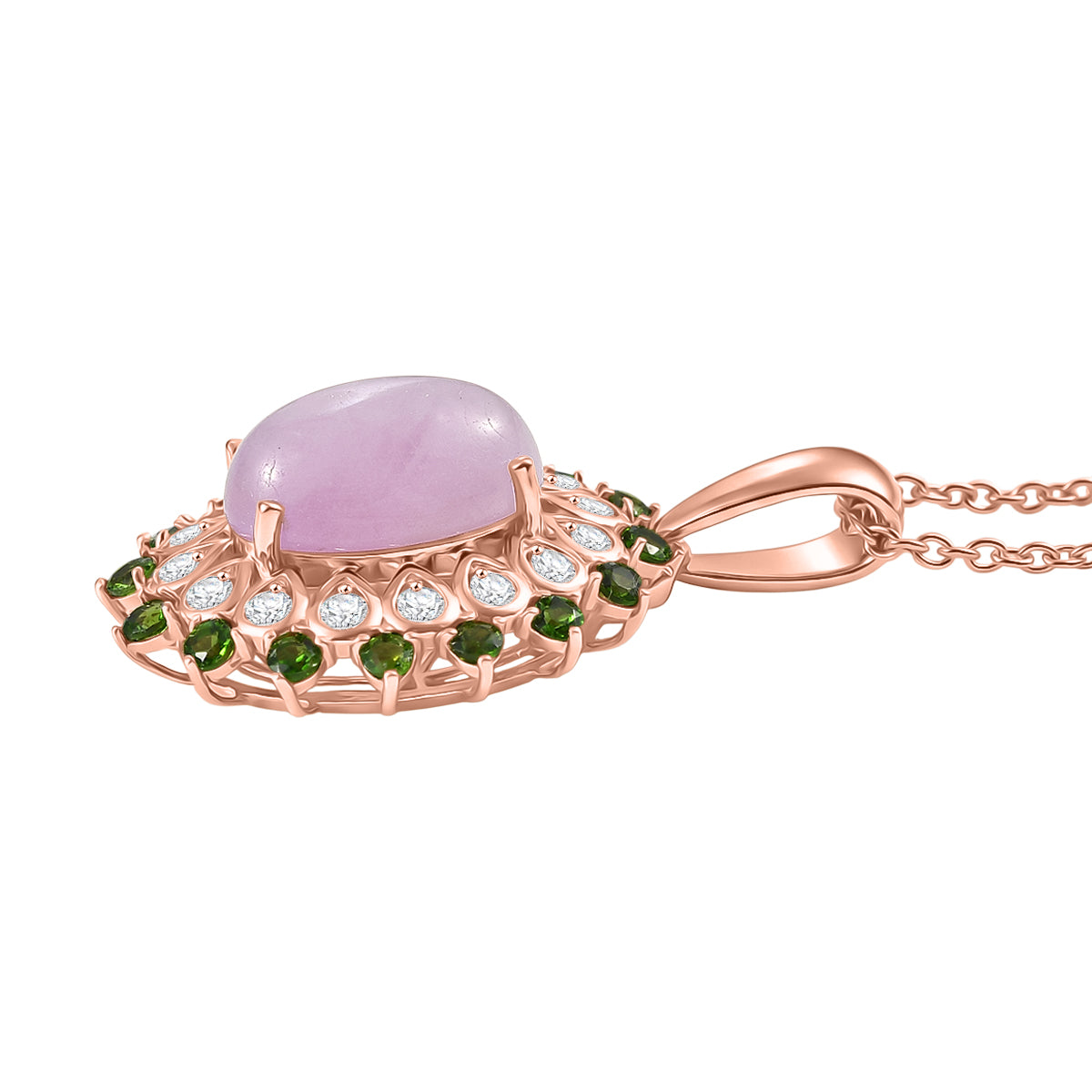 EVER TRUE Kunzit, Natürlicher Chromdiopsid Anhänger, Roségoldfarben nickelfreies Messing, 316L Edelstahlkette 50 cm ca. 8.02 ct