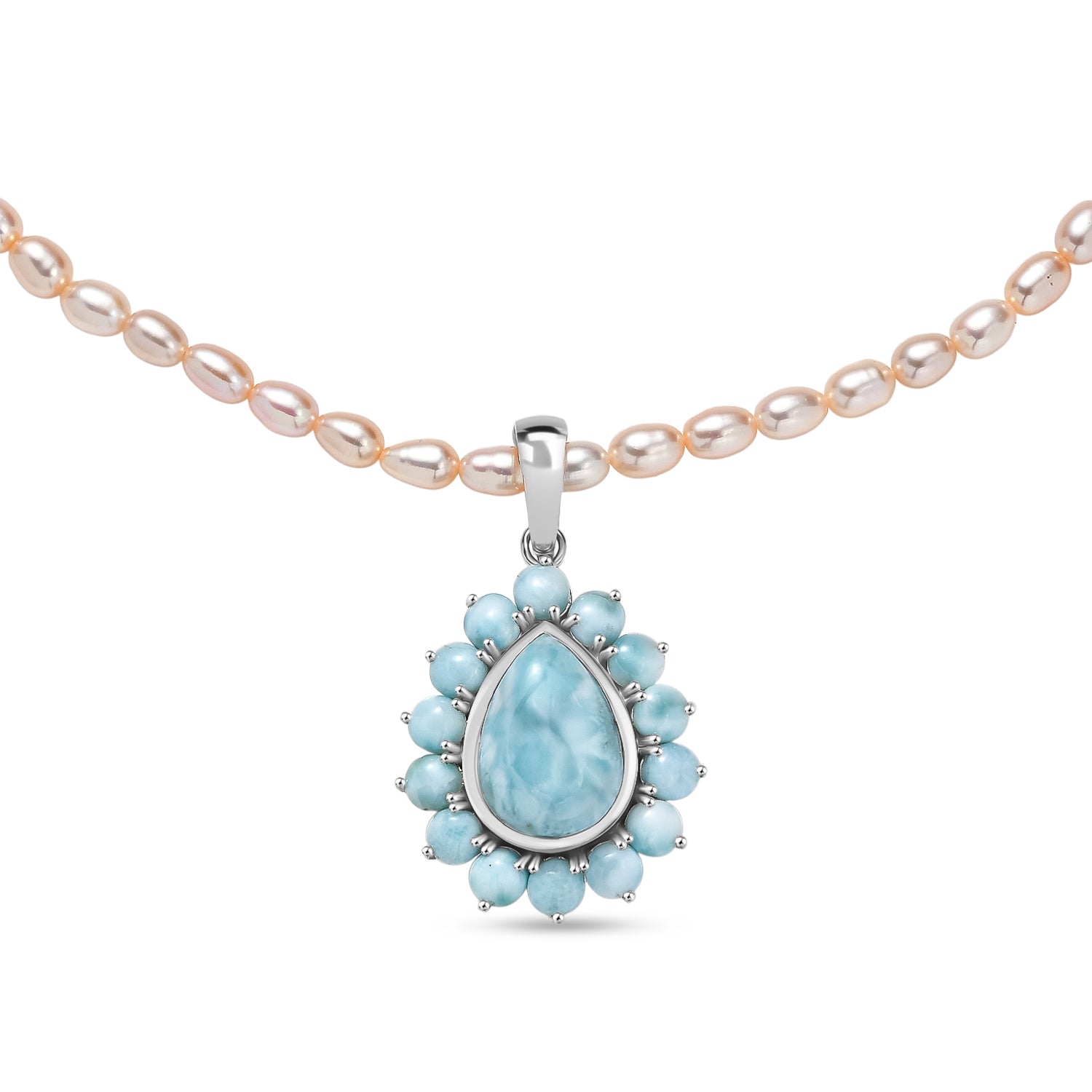 D'Joy Larimar-Anhänger mit Perlenkette ca. 50 cm 925 Silber rhodiniert