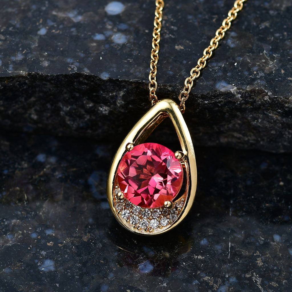 EVER TRUE Sunset Quarz Triplette, Weißer Zirkon Anhänger, goldfarbenes nickelfreies Messing, 316L Edelstahlkette 50 cm ca. 4,35 ct.