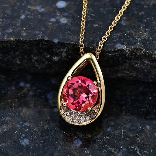 EVER TRUE Sunset Quarz Triplette, Weißer Zirkon Anhänger, goldfarbenes nickelfreies Messing, 316L Edelstahlkette 50 cm ca. 4,35 ct.