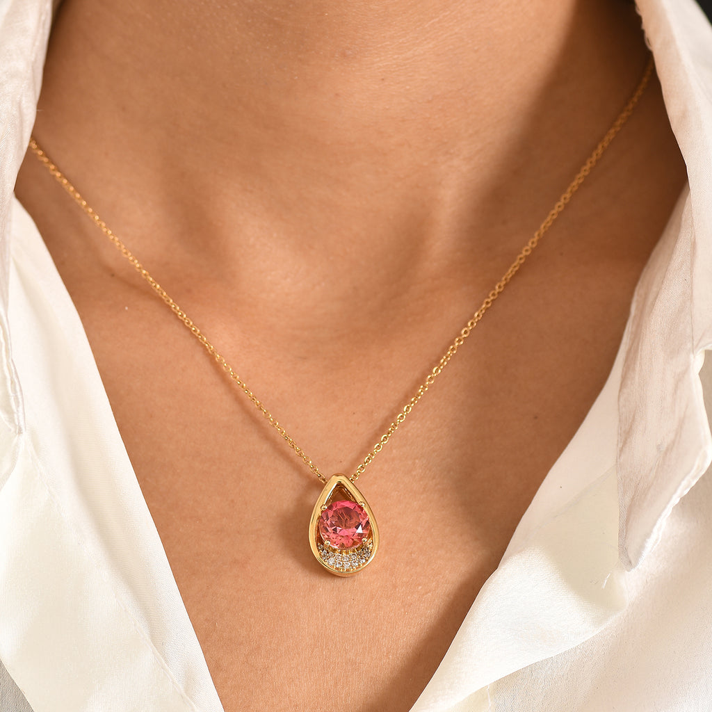 EVER TRUE Sunset Quarz Triplette, Weißer Zirkon Anhänger, goldfarbenes nickelfreies Messing, 316L Edelstahlkette 50 cm ca. 4,35 ct.