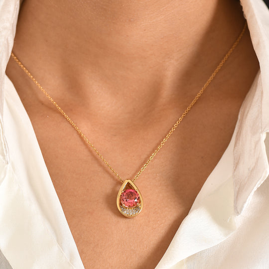 EVER TRUE Sunset Quarz Triplette, Weißer Zirkon Anhänger, goldfarbenes nickelfreies Messing, 316L Edelstahlkette 50 cm ca. 4,35 ct.
