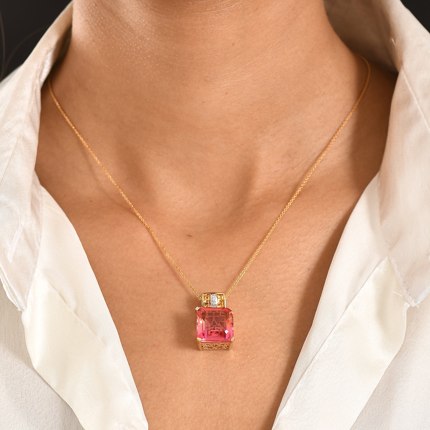 D'Joy Sunset Quarz Triplette, Citrin Schmuckset ca. 50 cm 925 Silber 750 Gelbgold Vermeil ca. 12,60 ct.