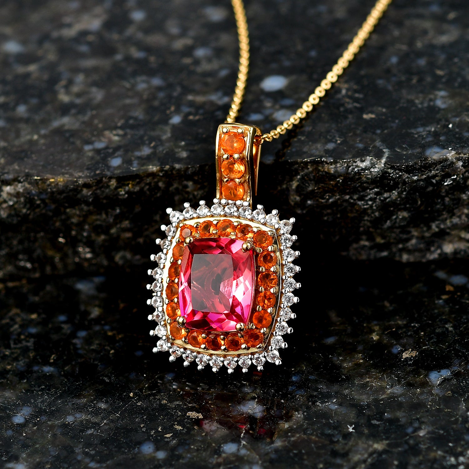 D'Joy Sunset Quarz Triplette, Salamanca Feueropal Schmuckset ca. 50 cm 925 Silber 750 Gelbgold Vermeil ca. 4,51 ct.