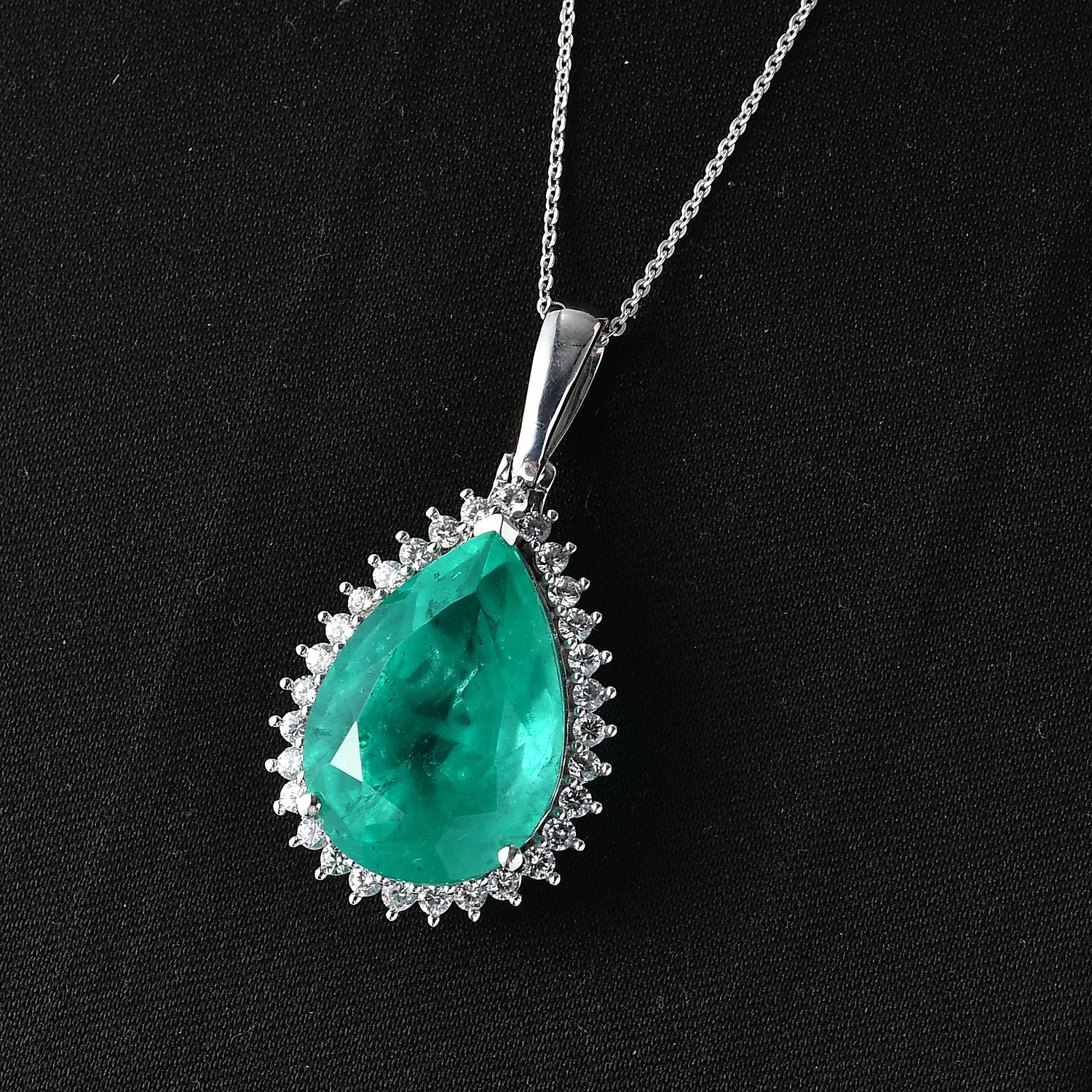 Smaragd-Quarz Triplette, Weißer Zirkon Schmuckset ca. 50 cm 925 Silber Rhodiniert ca. 21.65 ct
