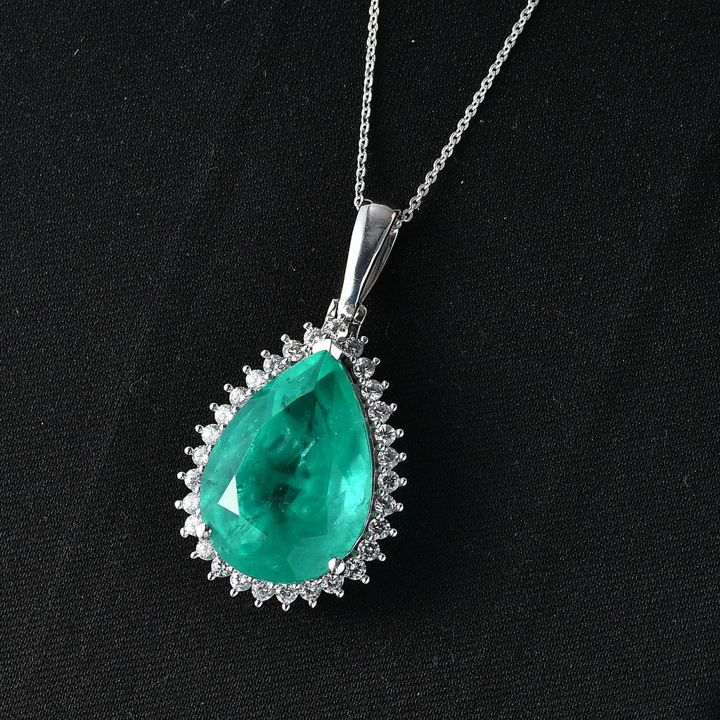 Smaragd-Quarz Triplette, Weißer Zirkon Schmuckset ca. 50 cm 925 Silber Rhodiniert ca. 21,65 ct.