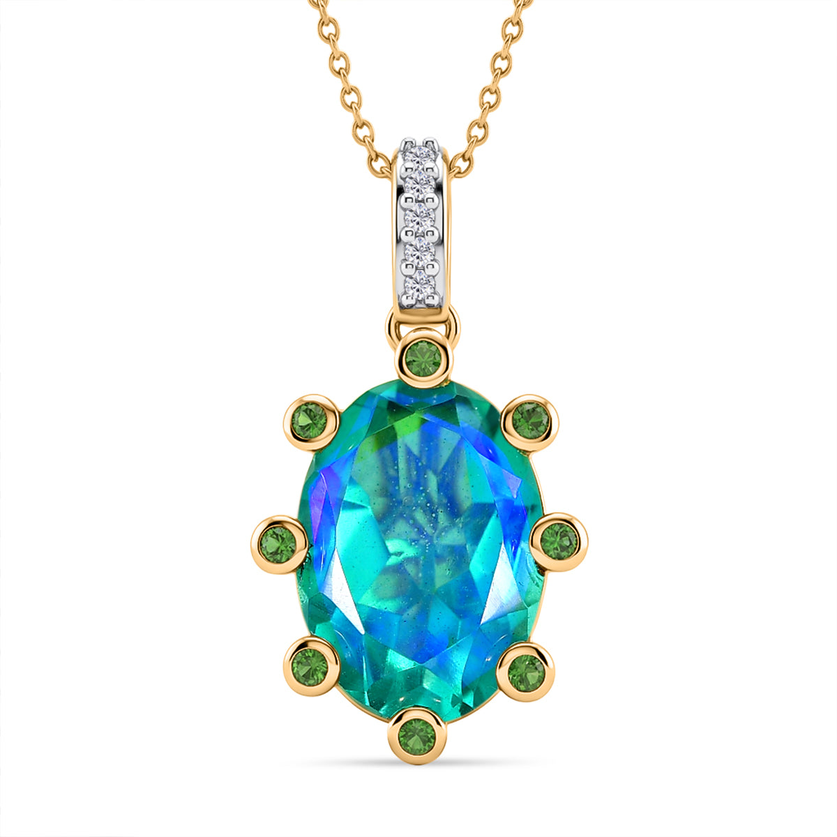 D'Joy Pfau Quarz Triplette, Natürlicher Chromdiopsid Schmuckset ca. 50 cm 925 Silber 750 Gelbgold vermeil ca. 6,56 ct.