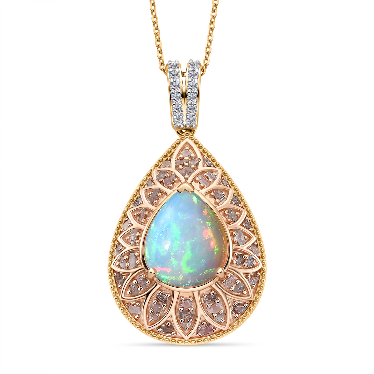 D'Joy AAA Natürlicher, äthiopischer Welo Opal, Natürlicher Rosa Diamant Schmuckset ca. 50 cm 925 Silber 750 Gelbgold vermeil ca. 3.62 ct