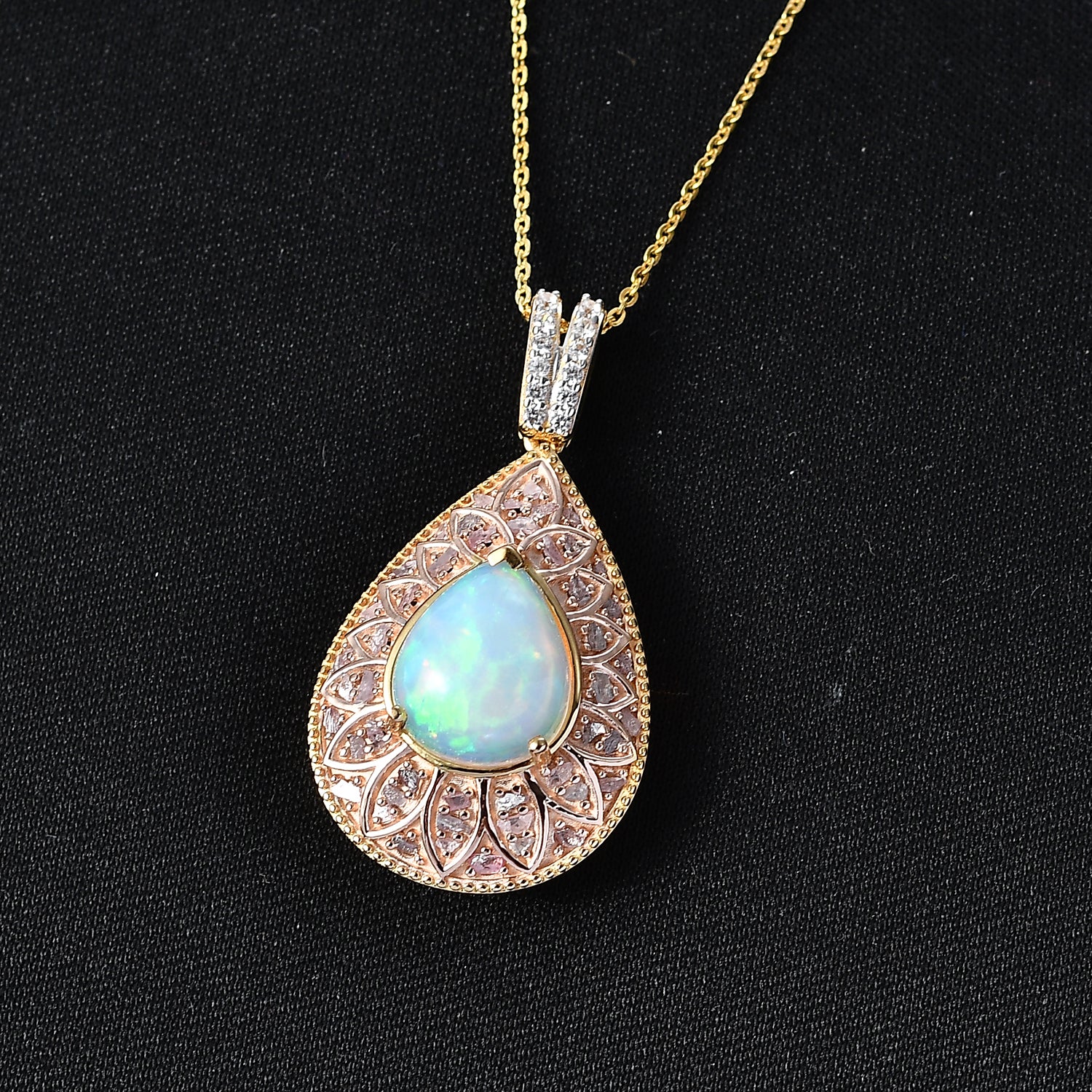 D'Joy AAA Natürlicher, äthiopischer Welo Opal, Natürlicher Rosa Diamant Schmuckset ca. 50 cm 925 Silber 750 Gelbgold vermeil ca. 3.62 ct