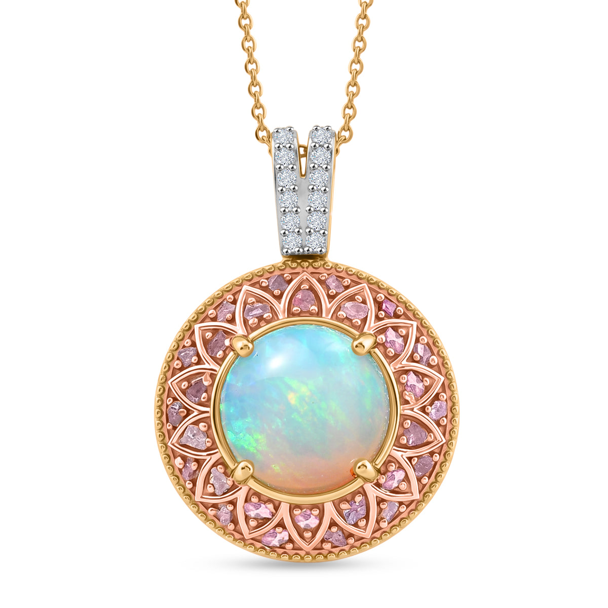 D'Joy AAA Natürlicher, äthiopischer Welo Opal, Natürlicher Rosa Diamant Schmuckset ca. 50 cm 925 Silber 750 Gelbgold vermeil ca. 3.70 ct