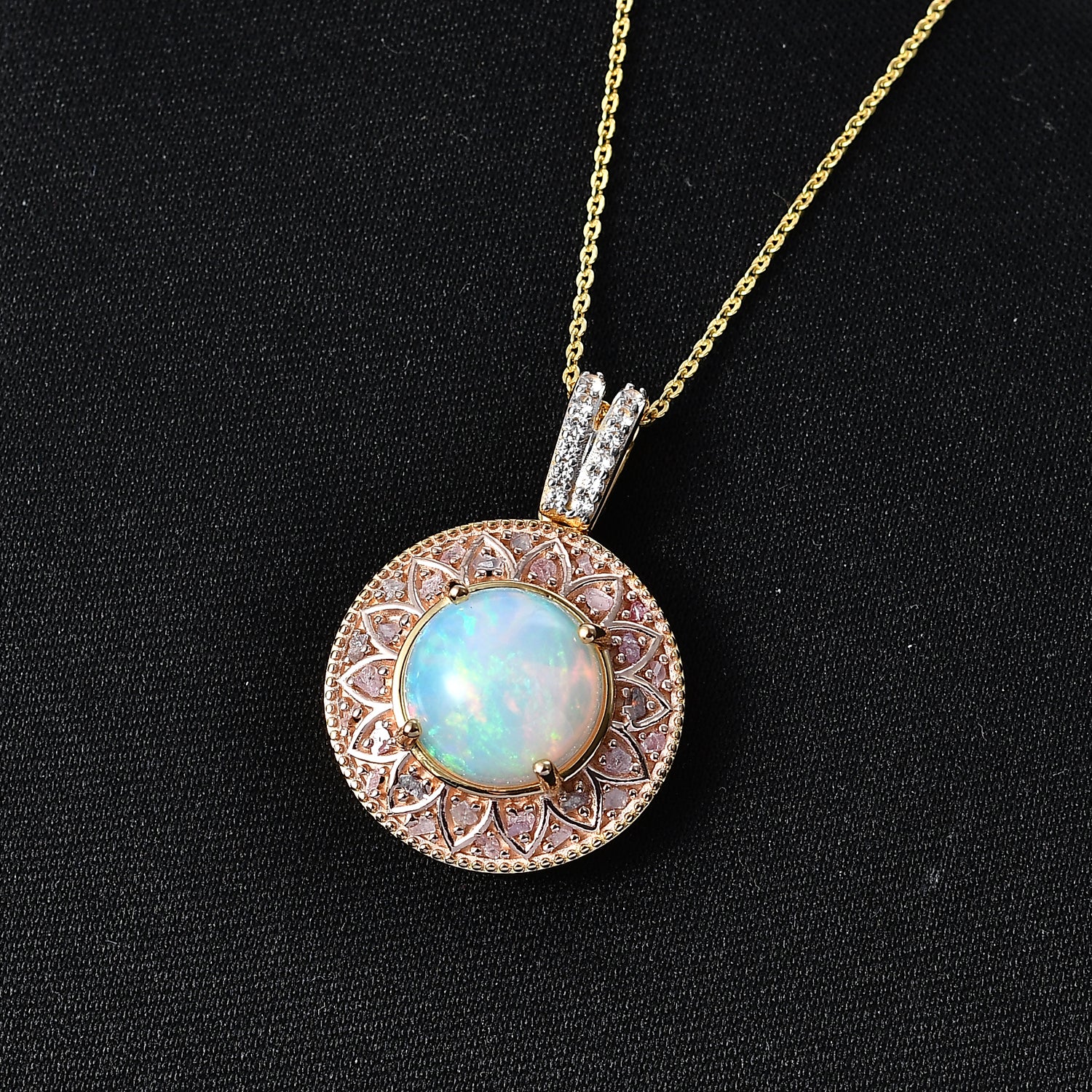 D'Joy AAA Natürlicher, äthiopischer Welo Opal, Natürlicher Rosa Diamant Schmuckset ca. 50 cm 925 Silber 750 Gelbgold vermeil ca. 3.70 ct