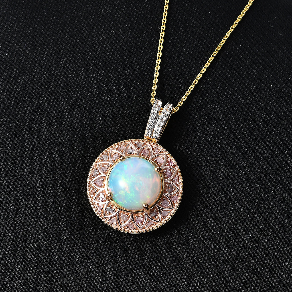 D'Joy AAA Natürlicher, äthiopischer Welo Opal, Natürlicher Rosa Diamant Schmuckset ca. 50 cm 925 Silber 750 Gelbgold vermeil ca. 3.70 ct