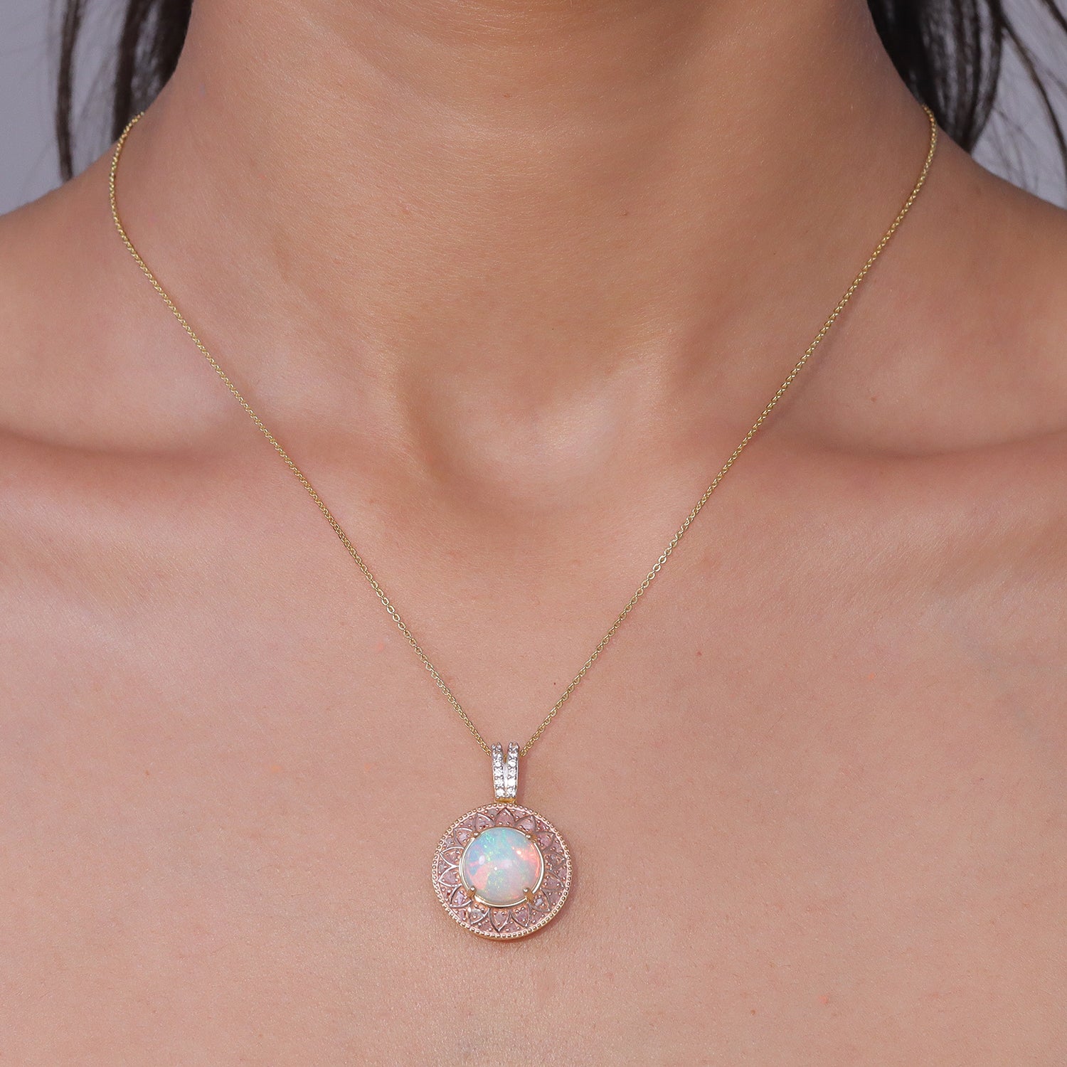 D'Joy AAA Natürlicher, äthiopischer Welo Opal, Natürlicher Rosa Diamant Schmuckset ca. 50 cm 925 Silber 750 Gelbgold vermeil ca. 3.70 ct