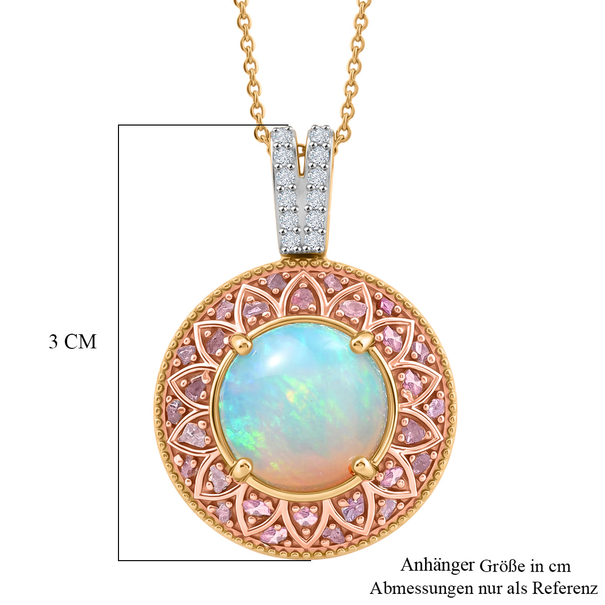 D'Joy AAA Natürlicher, äthiopischer Welo Opal, Natürlicher Rosa Diamant Schmuckset ca. 50 cm 925 Silber 750 Gelbgold vermeil ca. 3.70 ct