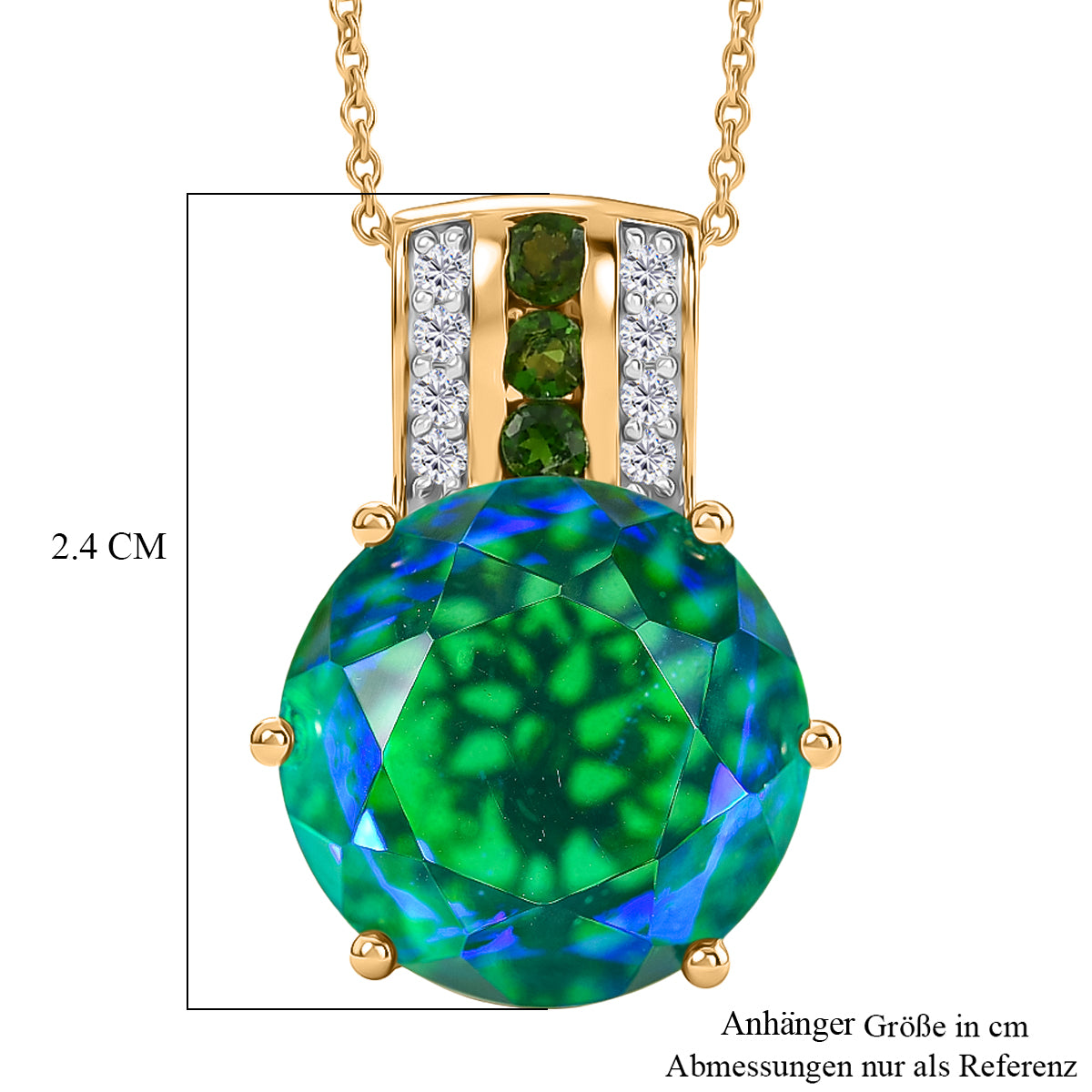 D'Joy Pfau Quarz Triplette, Natürlicher Chromdiopsid Schmuckset ca. 50 cm 925 Silber 750 Gelbgold vermeil ca. 10,74 ct.