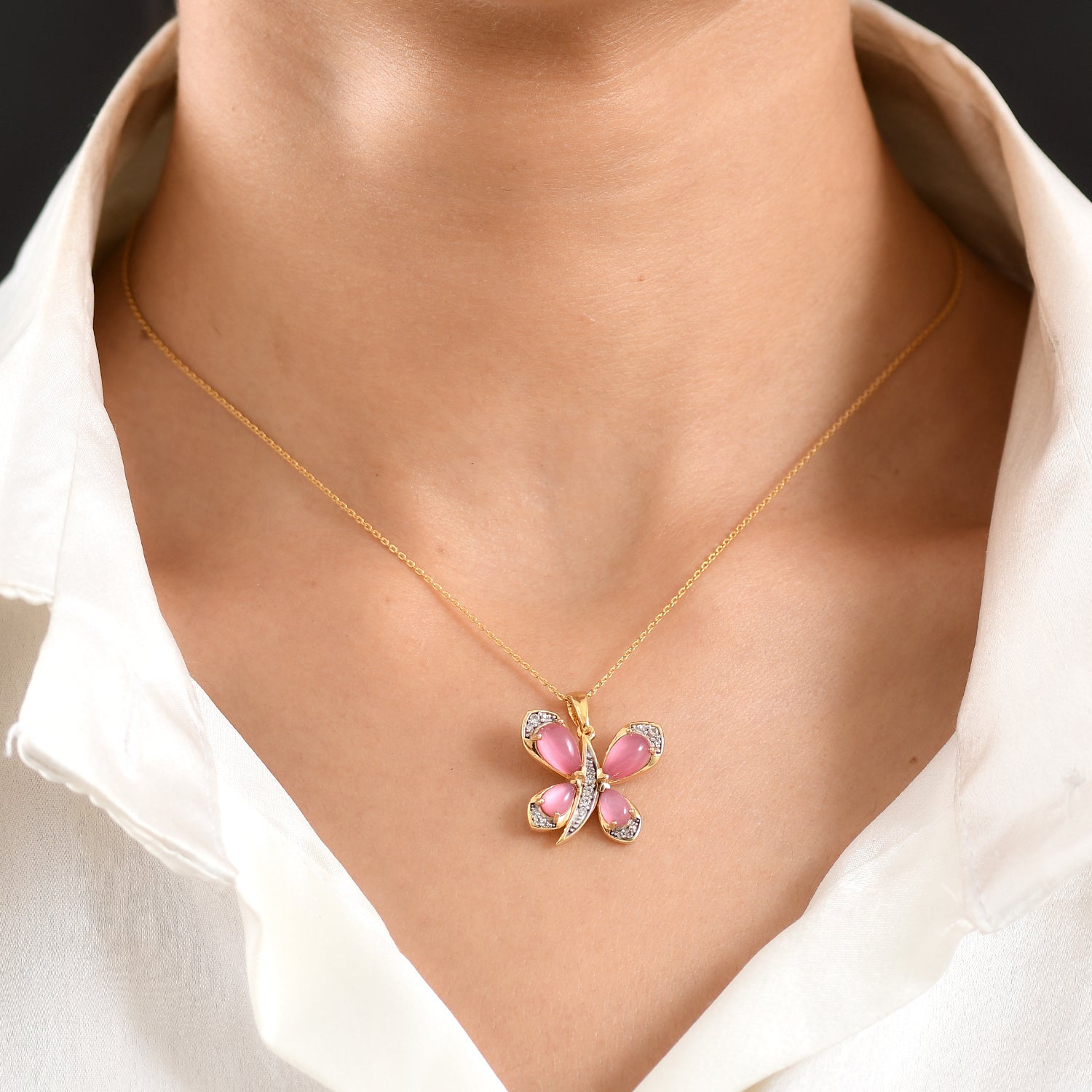 D'Joy Flamingo Mondstein Anhänger mit Kette, ca. 50 cm 925 Silber 750 Gelbgold vermeil ca. 3.07 ct