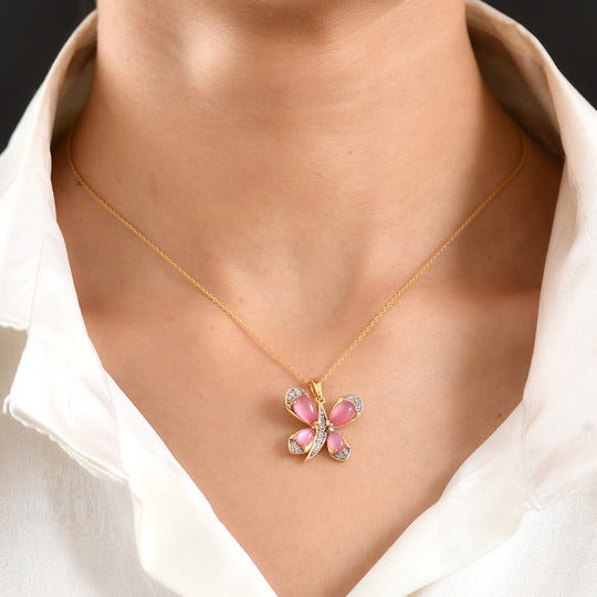 D'Joy Flamingo Mondstein Anhänger mit Kette, ca. 50 cm 925 Silber 750 Gelbgold vermeil ca. 3.07 ct