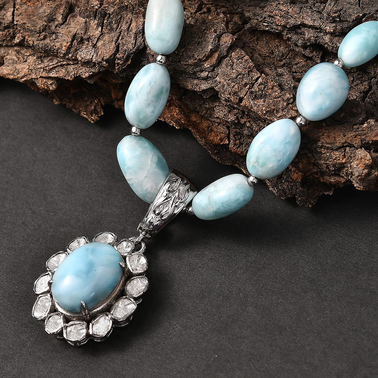 AAA Larimar Schmuckset ca. 50 cm 925 Silber Rhodiniert ca. 63,00 ct.