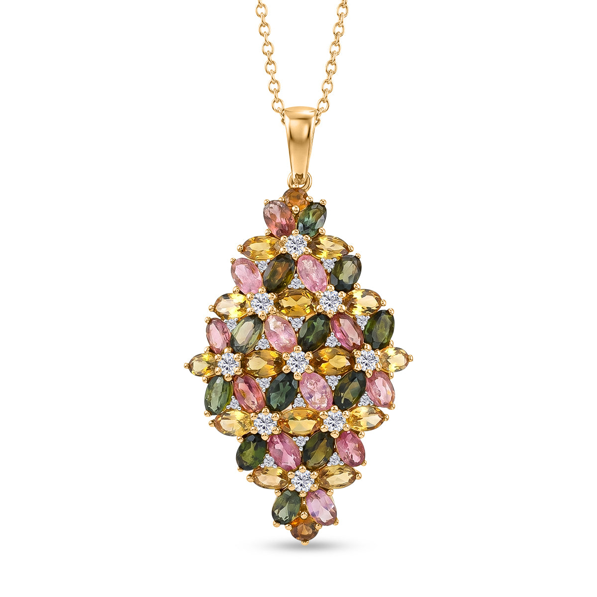 D'Joy AA Multi-Turmalin und Zirkon Cluster Anhänger mit 45cm Kette, 925 Silber 750 Gelbgold Vermeil - 10,03 ct.