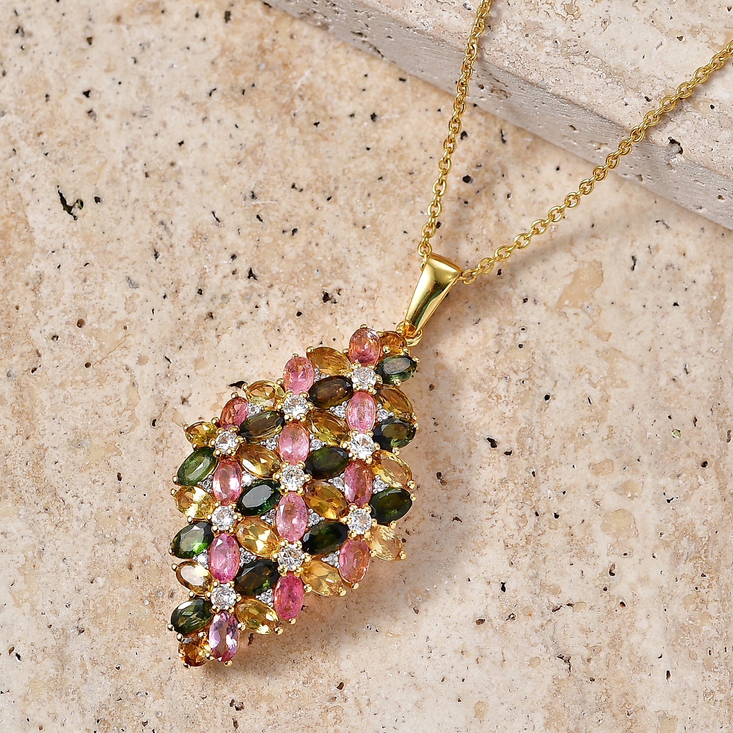 D'Joy AA Multi-Turmalin und Zirkon Cluster Anhänger mit 45cm Kette, 925 Silber 750 Gelbgold Vermeil - 10,03 ct.