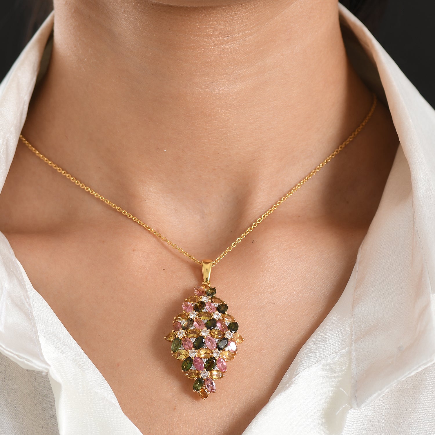 D'Joy AA Multi-Turmalin und Zirkon Cluster Anhänger mit 45cm Kette, 925 Silber 750 Gelbgold Vermeil - 10,03 ct.